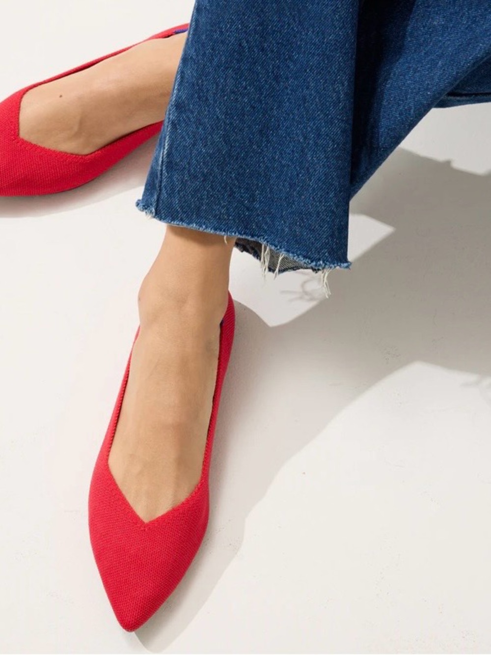 Rothy's Red Pointed Knit Flats with Blue Trim - Picture 2 of 6